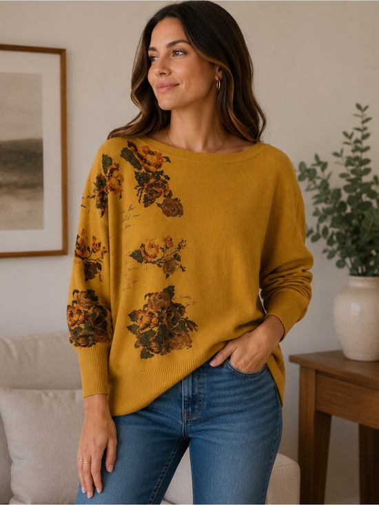 Sweaters - Floral Mustard Yellow Sweater